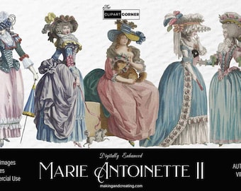 Marie Antoinette Vintage Mode Clipart Illustrationen 18.Jahrhundert Rokoko Kostüm PNG Französisch Frauen Junk Journal Ephemera Digital Download
