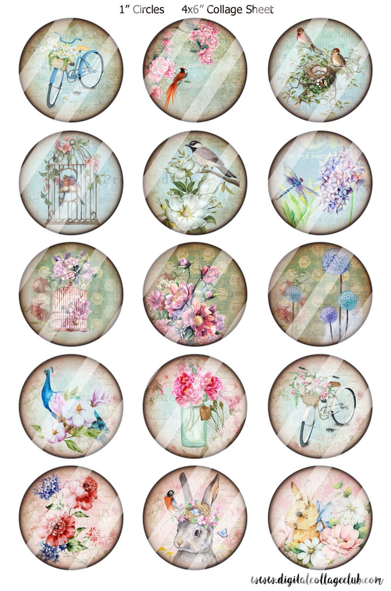 Shabby Chic Spring Time Easter Images 1 inch Circles Bottle Cap Bottlecap Images for Scrapbooking Card Making Jewellery Decoupage