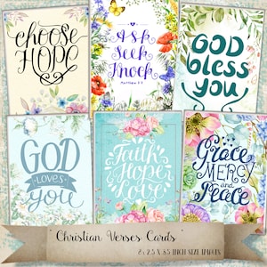 May include: Set of six printable Christian verse cards featuring watercolor floral designs and inspirational quotes. The cards include quotes such as "Choose Hope", "Ask Seek Knock", "God Bless You", "God Loves You", "Faith Hope Love", and "Grace Mercy and Peace".