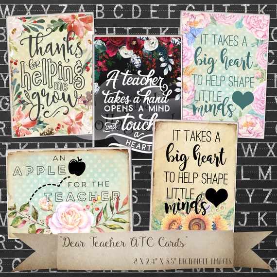 Dear Teacher Digital Download Teacher Card, Bookmark, Gift, ATC Cards, Jewelry Holders, Tags, Decoupage, Journaling