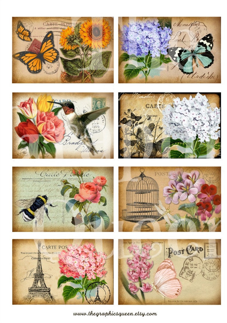 Shabby Chic Botanical Cards 2,5x3,5 Digital Collage Sheet Printable Download Eiffel Tower Vintage Flowers Shabby Chic Postcards Aceo Journal