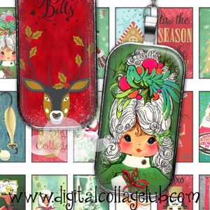 Vintage Noël rétro 1 x 2 feuille de collage numérique Rectangle Domino Images pour pendentifs, scrapbooking, découpage papier Correspondance pour journalisation