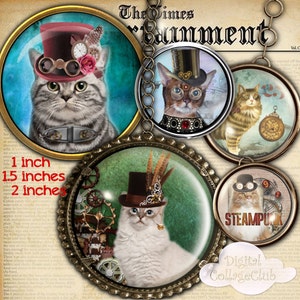 Steampunk Cat 1 Inch, 1.5 inch and 2 inches Digital Collage Sheet Bottle Cap Images Round Circles for Jewelry Making, Cupcake Toppers Penpal