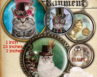 スチームパンク猫 1インチ、1.5インチ、2インチ デジタルコラージュシート ボトルキャップ画像 丸い円 ジュエリー製作、カップケーキトッパー ペンパル