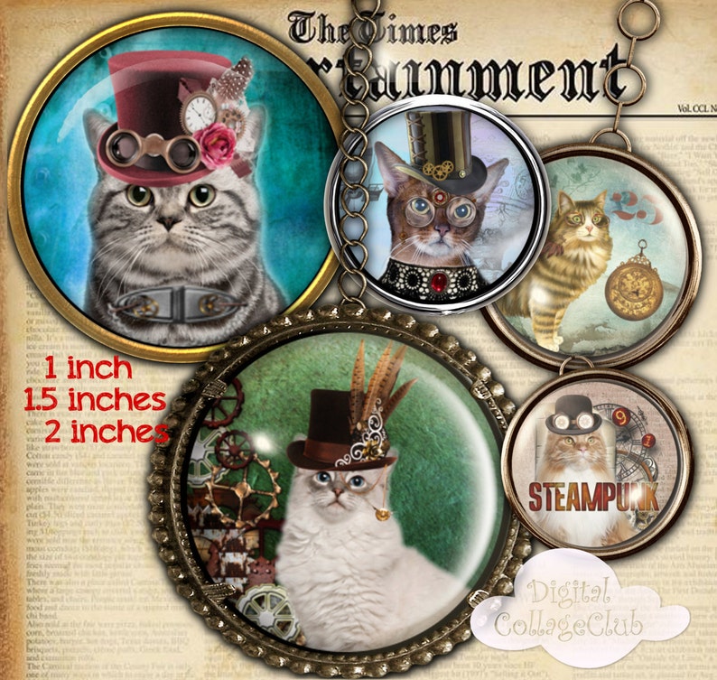Steampunk Katze 1 Zoll, 1,5 Zoll und 2 Zoll Digital Collage Sheet Flaschenverschluss Bilder Runde Kreise für die Schmuckherstellung, Cupcake Toppers Penpal Bild 1
