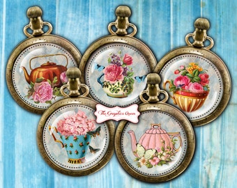 Shabby Chic Tea Time Party Digital Collage Sheets Instant Download 2.5 inch Round Cabochon Images Cupcake Toppers Aceo ATC Journaling Penpal