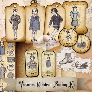 Vintage Victorian Children Fashion Digital Kit Collage Sheet Bookmarks Hang Gift Tags Apothecary Labels Journal Cards Journaling Scrapbook