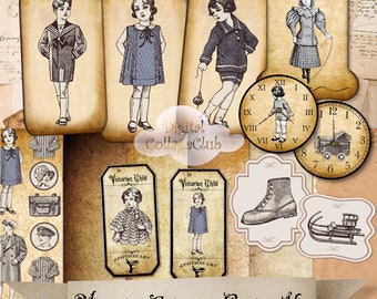 Kit digital de moda infantil victoriana vintage, collage, hojas, marcapáginas, etiquetas de regalo colgantes, etiquetas de boticario, tarjetas de diario, álbum de recortes