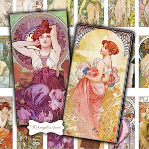 Könnte beinhalten: Eine Sammlung von Kunstdrucken im Jugendstil mit Frauen in fließenden Kleidern, floralen Akzenten und kunstvollen Hintergründen. Die Farbpalette umfasst Lila, Rosa, Gold und Grün. Das Logo The Graphics Queen ist sichtbar.