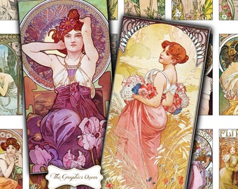 Mucha Print 1 x 2 Hojas de collage digital Descarga instantánea Colgante Joyería Collar rectangular Colgante Dominó Scrapbooking Manualidades con papel ATC