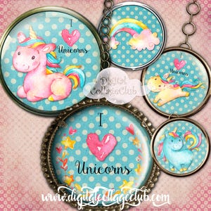 Licorne magique, miroir de fête, décoration de gâteau, feuille de collage numérique, cercle rond de 2,5 pouces, images pour la fabrication de cartes, scrapbooking, journalisation ATC