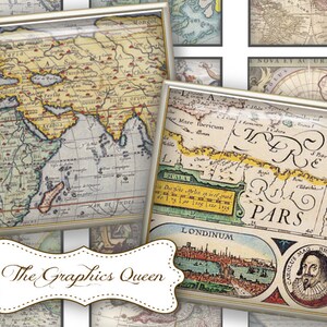 Antiguo mapa vintage antiguo 15 mm digital cuadrado azulejo Scrabble azulejo imágenes digitales para gemelos gemelos pendientes collage diario restos
