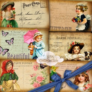 Cartões digitais vitorianos vintage para crianças, cartões postais digitais, folha de colagem, imagens para scrapbooking, fazer cartão, decoupage, diário, atc