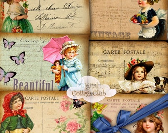 Vintage Victorian Children Digital Cards Postcards Digital Collagee Sheet Images gor Scrapbooking Card Making Decoupage Paper Journaling ATC
