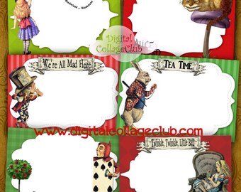 Postales de Alicia en el País de las Maravillas, Tarjetas de felicitación, Etiquetas, Decoraciones ATC, Hoja de collage digital, Descarga instantánea, Papel para decoupage, Diario, Amigo por correspondencia