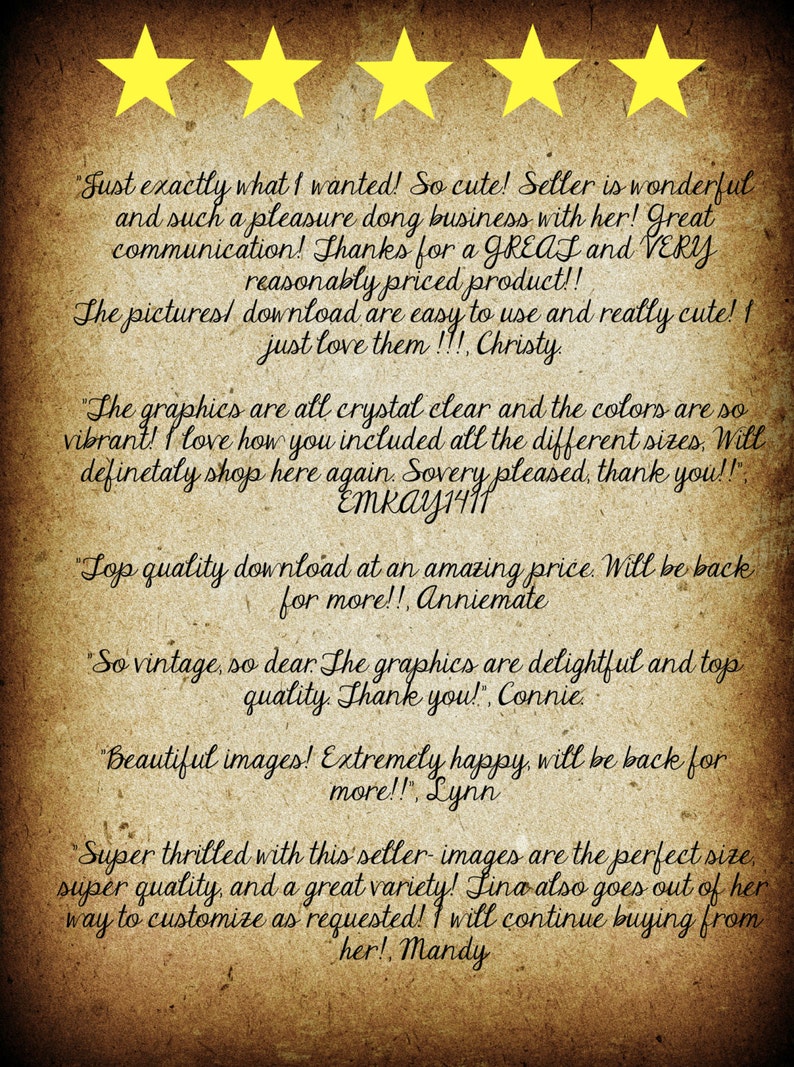 May include: Five-star reviews for a digital download of graphics. The reviews highlight the quality, clarity, and variety of the graphics, as well as the seller's excellent customer service. The text includes quotes from satisfied customers.