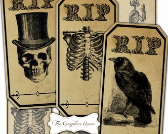 May include: Set of six vintage-style Halloween printable tags with a distressed paper background. Each tag features a different spooky image, including a skull, a skeleton, a ribcage, and a crow. The tags are decorated with the text "RIP" in a gothic font.