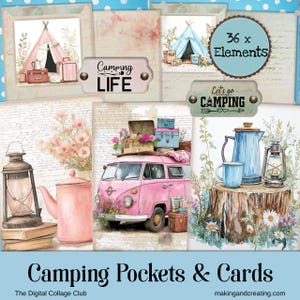 Kit complémentaire été imprimable pour pochettes et cartes de camping, images aquarelles shabby chic, téléchargement numérique pour scrapbooking, création d'un journal