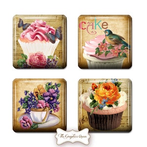 Shabby Chic Cupcake Party Tea Time 1 inch square Tile Digital Collage Sheet Jewelry Images Digital Paper Graphics Print Journal Supplies ATC image 1