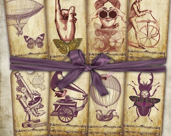 Steampunk Art Digital Collage Sheet Small Digital Hanging Gift Tags Label Steampunk Party Weedding Decor Gifts Printable Journaling Supplies