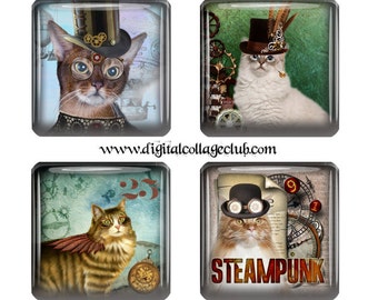 Steampunk Cat 1 Inch Digital Collage Sheet 1" Square Tiles Images for Jewelry Making Instant Download 1 x 1 Scrabble Tile Journalling Supply