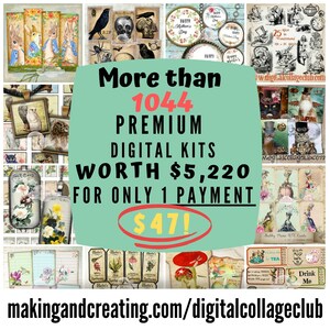 Puede incluir: Una pancarta verde azulada con texto blanco que dice "M&aacute;s de 1044 kits digitales premium por un valor de 5.220 &euro; por un solo pago de 47 &euro;!" La pancarta est&aacute; rodeada de un collage de im&aacute;genes, incluyendo un cuervo negro, una calavera, un conejo, una taza de t&eacute; y un hongo.