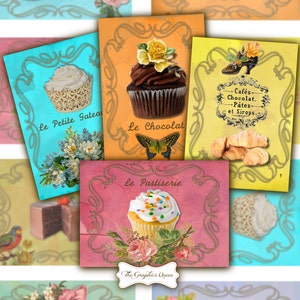 Le Patisserie Printable Shabby Chic Cupcake Digital Collage Sheet Gift Tags Labels Digital Download Digital Postcards Aceo ATC Journal Cards