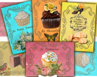 Le Patisserie Printable Shabby Chic Cupcake Digital Collage Sheet Gift Tags Labels Digital Download Digital Postcards Aceo ATC Journal Cards