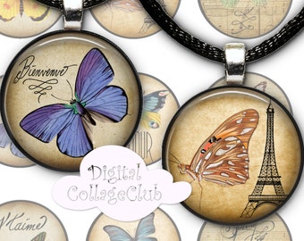 Sweet Vintage Butterfly Bottle Cap Bottlecap Images for Jewelry. 1 Inch Round Circle Digital Printable Images Journaling Scrapbooking Penpal