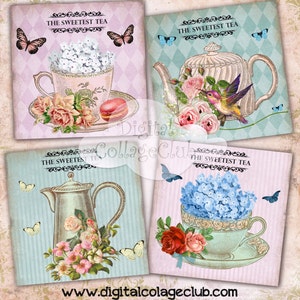 Vintage Shabby Chic Tea Cup Digital Collage Hoja Digital Coasters Tarjetas Grandes Imágenes Cuadradas para Decoupage, Scrapbooking Journaling Penpal