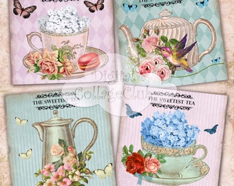 Vintage  Shabby Chic Tea Cup Digital Collage Sheet Digital Coasters Cards Large Square Images for Decoupage, Scrapbooking Journaling Penpal