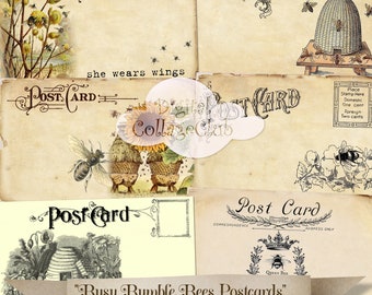 Busy Bees Digital Postcards Vintage Nature Images for Scrapbooking Cardmaking Decoupage Paper Crafts Journaling Tags