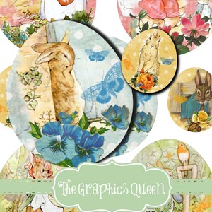 Puede incluir: Un collage de ilustraciones con temática de Pascua, con conejos, flores y mariposas. Las imágenes tienen forma ovalada y una estética vintage. El texto "The Graphics Queen" se muestra en una pancarta verde claro.