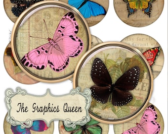 Instant Download Vintage Butterflies 2.5 inches Digital Collage Sheet Clip Art Shabby Chic Cupcake Topper Butterfly Junk Journaling Supplies