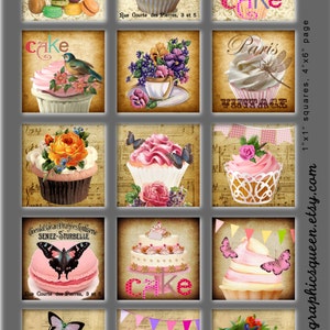 Shabby Chic Cupcake Party Tea Time 1 inch square Tile Digital Collage Sheet Jewelry Images Digital Paper Graphics Print Journal Supplies ATC image 2