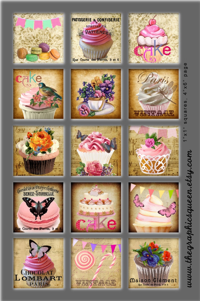 Shabby Chic Cupcake Party Tea Time 1 inch square Tile Digital Collage Sheet Jewelry Images Digital Paper Graphics Print Journal Supplies ATC image 2