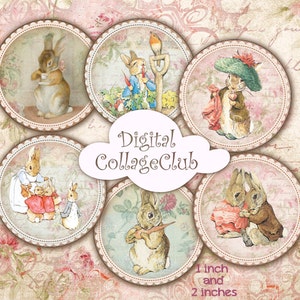 Peter Rabbit 1 pouce et 2 pouces feuille de collage numérique Party Cupcake Topper Images pour création de cartes postales Journalisation Scrapbooking Correspondant