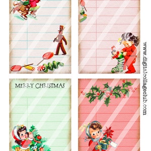 Puede incluir: Cuatro etiquetas de regalo imprimibles de tem&aacute;tica navide&ntilde;a vintage. Cada etiqueta presenta una ilustraci&oacute;n diferente: dos conejos, un soldado de juguete, una ni&ntilde;a poniendo una mu&ntilde;eca en una media y una ni&ntilde;a sosteniendo una planta de poinsettia. Las etiquetas tienen un fondo rayado con una superposici&oacute;n de rayas diagonales.