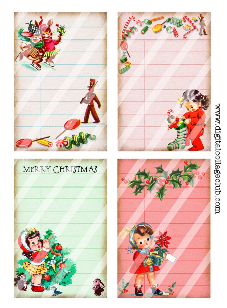 Puede incluir: Cuatro etiquetas de regalo imprimibles de tem&aacute;tica navide&ntilde;a vintage. Cada etiqueta presenta una ilustraci&oacute;n diferente: dos conejos, un soldado de juguete, una ni&ntilde;a poniendo una mu&ntilde;eca en una media y una ni&ntilde;a sosteniendo una planta de poinsettia. Las etiquetas tienen un fondo rayado con una superposici&oacute;n de rayas diagonales.