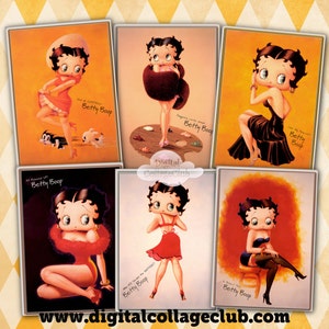 Folha de colagem digital Betty Boop Porta-joias Folha de colagem de fundo digital Atc Cartões de felicitações Tags Download instantâneo Cartões de registro no diário