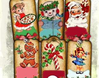 Etiquetas para niños de Navidad retro, marcapáginas, collage digital, hojas de felicitación, etiquetas colgantes para fiestas, marcapáginas digitales, álbumes de recortes, diarios, manualidades con papel.