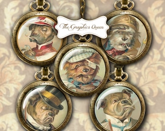 SOFORT-DOWNLOAD: 2,5-Zoll-Kreisbilder, Steampunk-Taschenspiegel, Magnete, druckbare Scrapbooking-Vorlagen, Vintage-Hunde-Collagen, Journaling, Brieffreundschaften