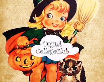 Vintage Halloween Mädchen mit Katze PNG JPG Digitales Großformatbild für Transfer, Bügelbild, Stofftransfer, druckbare Clip-Art-Brieffreundschaft