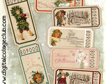 Vintage Victorian Christmas Tickets Strip Digital Collage Strips Coupon Instant Download Christmas Party Journaling Penpal Happy Snail Mail