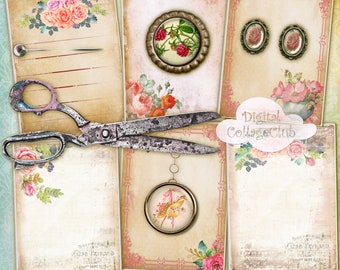 Shabby Chic Rose Digital Jewelry Holders Digital Background Collage Sheet Atc Cards Tags Instant Download Printable Journaling Scrapbooking