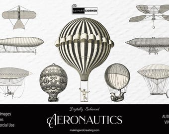 Aeronautics Clipart Bundle Vintage Airship  Flying Machine Illustrations Hot Air Balloon PNGs, Antique Aviation Art, steampunk Ephemera