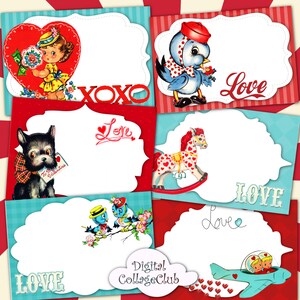 Cartes postales numériques de la Saint-Valentin rétro, étiquettes de la Saint-Valentin vintage, cartes de voeux ATC Aceo, feuille de collage numérique, carte de journalisation, correspondance pour scrapbooking