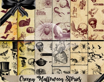 May include: A set of 12 digital papers featuring a creepy Halloween theme. The papers include images of skulls, spiders, bats, hearts, and other spooky elements. The papers are 12 inches by 12 inches.