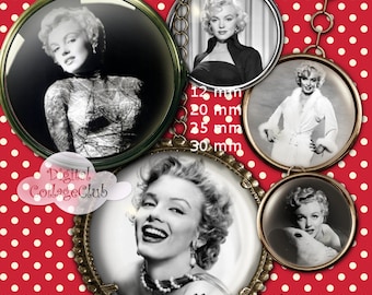 Hoja de collage digital de Marilyn Monroe (12 mm, 20 mm, 25 mm, 1 pulgada, 30 mm) Imágenes circulares para hacer joyas con tapas de botellas Registro diario con tapas de botellas