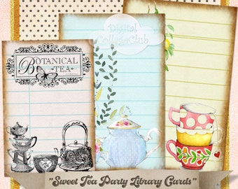 Tea Time Party Digital Collage Sheet Library Card Digital Download ATC Journal Cards Journaling Cardmaking Scrapbooking Paper Crafts Journal